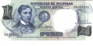 Blue and black on multicolour underprint. J. Rizal at left and as wateramrk. Central Bank Seal Type 2. Scene of Aquinaldo's Independence Declaration of June 12, 1898 on back.

Signature 8 Banknote
