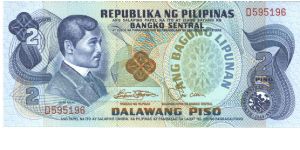 Blue on multicolour underprint. J. Rizal at left and as watermark. Scene of Aguinaldo's Independence Declaration of June 12, 1898 on back.

Central bank Seal Type 2. Overprint: ANG BAGONG LIPUNAN on watermark area, 174-1985. Banknote