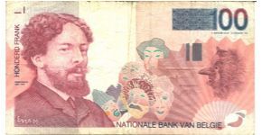 Red-violet and black on multicolour underprint. James Ensor at left and as watermark, masks at lower center and at right. Beach scene at left on back. Signature (5 and 15) and (6 and 16). Banknote