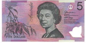 Like # 50 but with orienation bands in upper and lower margins.

Black, red and blue on multicolour underprint. Branch at left, Queen Elizabeth II at center right. Back black on lilac and multicolour underprint, the old and new Parliament Houses in Canberra at center, gum flower OVD at lower right. Banknote