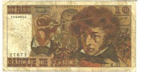 Red, brown and olive. Hector Berlioz at right, conducting in the Chapelle des Invalides, Berlioz at right, musical instrument at right and Rome's Villa Medici on back.

Signature H. Morant, G. Bouchet and P. Vergnes. 23.11.1972-03.10.1974 Banknote