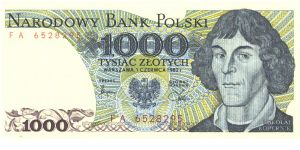 Blue on olive-green and multicolour underprint. Copernicus at right. Atomic symbols on back. Banknote