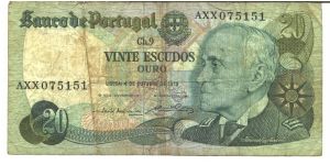 Green (shades) on multicolour underprint. Admiral Gago Coutinho at right and as watermark. Airplane on back. Large or small size numerals in serial #. Banknote