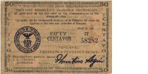 S-494 Mindanao 50 Centavos note. TOUGH NOTE IN ANY CONDITION. I will sell or trade this note for Philippine or Japan occupation notes I need. Banknote