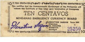 S-512a Mindanao 10 Centavos note. I will sell or trade this note for Philippine or Japan occupation notes I need. Banknote