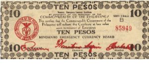 S-518b Mindanao 10 Pesos note. I will sell or trade this note for Philippine or Japan occupation notes I need. Banknote
