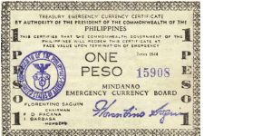 S-523c Mindanao 1 Peso note. I will sell or trade this note for Philippine or Japan occupation notes I need. Banknote