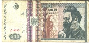 Dull deep green, reddish brown and violet on multicolour underprint. Square topped shield at left center, sculptures at center. Constantin Brancusi at right. Sculptures at left center on back. Banknote