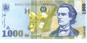 Blue-violet, dasrk green and olive-brown on mulitcolour underprint. Mihai Eminescu at right and as watermark, lily flower and quill pen at center. Lime and blue flower at left center, ruins of ancient fort of Histria at center on back. Banknote