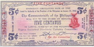 S-641 Negros Occidential 5 Centavos note. I will sell or trade this note for Philippine or Japan occupation notes I need. Banknote