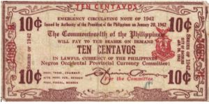 S-643b Negros Occidential 10 Centavos note. I will sell or trade this note for Philippine or Japan occupation notes I need. Banknote
