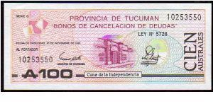 * Provincia DE TUCUMAN *
________________

100 Australes__
Pk s2715
 Banknote