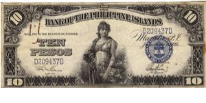 PI-17 Bank of the Philippine Islands 10 Pesos note. I will sell or trade this note for Philippine or Japan occupation notes I need. Banknote