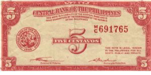 PI-125 Central Bank of the Philippines 5 Centavos note. I will sell or trade this note for Philippine or Japan occupation notes I need. Banknote