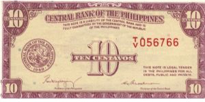 PI-128 Central Bank of the Philippines 10 Centavos note. I will sell or trade this note for Philippine or Japan occupation notes I need. Banknote