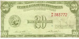 PI-130b Central Bank of the Philippines 20 Centavos note. I will sell or trade this note for Philippine or Japan occupation notes I need. Banknote