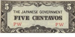 PI-103 Philippine 5 centavos note under Japan rule, block letters PW. I will sell or trade this note for Philippine or Japan occupation notes I need. Banknote