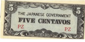 PI-103 Philippine 5 centavos note under Japan rule, block letters PZ. I will sell or trade this note for Philippine or Japan occupation notes I need. Banknote