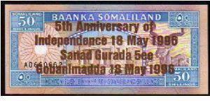 *SOMALILAND*
________________

50 Shillings
Pk 11
----------------
Indipendence Anniversay in Bronze - o.d 1994
---------------- Banknote