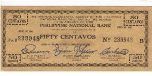 S-576b Misamis Occidental 50 Centavos note. Countersigned Oteyza. No price listed for this RARE condition. Banknote