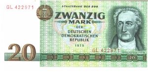 East Germany

Green on multicolour underprint. Johann Wolfgang von Goethe at right. Children leaving school on back. Banknote