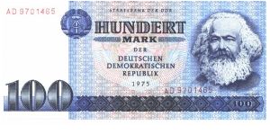 East Germany

Blue on multicolour underprint. Karl Marx at right. Street scene in East Berlin on back. Banknote