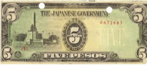 PI-110 Philippine 5 Pesos note under Japan rule, plate number 9. I will sell or trade this note for Philippine or Japan occupation notes I need. Banknote