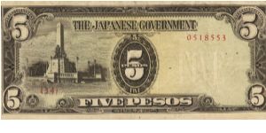 PI-110 Philippine 5 Pesos note under Japan rule, plate number 34. I will sell or trade this note for Philippine or Japan occupation notes I need. Banknote