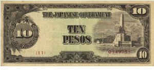 PI-111 Philippine 10 Pesos note under Japan rule, plate number 11. I will sell or trade this note for Philippine or Japan occupation notes I need. Banknote