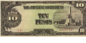 PI-111 Philippine 10 Pesos note under Japan rule, plate number 18. I will sell or trade this note for Philippine or Japan occupation notes I need. Banknote