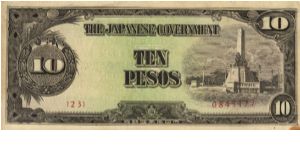 PI-111 Philippine 10 Pesos note under Japan rule, plate number 23. I will sell or trade this note for Philippine or Japan occupation notes I need. Banknote