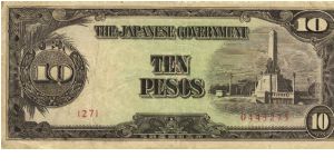 PI-111 Philippine 10 Pesos note under Japan rule, plate number 27. I will sell or trade this note for Philippine or Japan occupation notes I need. Banknote