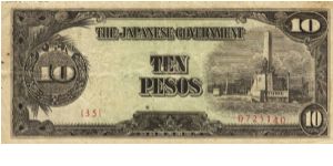 PI-111 Philippine 10 Pesos note under Japan rule, plate number 35. I will sell or trade this note for Philippine or Japan occupation notes I need. Banknote