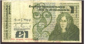 Dark olive-green and green on multicolour underrpint. Queen Medb at right. Old writing on back. 

Watermark: Lady Lavery

Signature: T. F. O'Cofaigh and M. F. Doyle. 30.06.1982-24.04.1987 Banknote