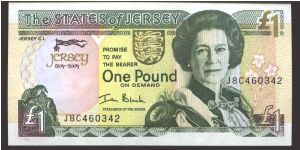 Isle of Jersey

2004 Commemorative Issue

800th Anniversary of the special relationship between Jersey and the British Crown.

Dark green and purple on multicolour underprint. Mount Drugueil Castle on back. Banknote