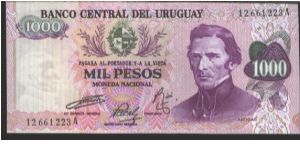 Violet and dark green on multicolour underprint. Arms at upper left center. Artigas at right. Building on back. Printer CdeM-A 

Signature title: 2 Banknote
