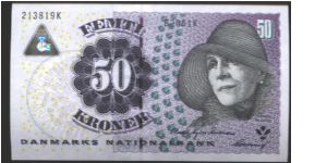 Black and ddep purple on multicolour underprint. Karen Blixen at right and as watermrk. Centaur stone relief from Landet Church. Tasinge at left center on back. Banknote