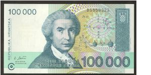 Croatia 100,000 Dinara 1993 P27a. Banknote