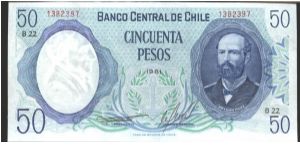 Dark blue and aqua on green and light blue underprint. Portrait Captain Arturo Prat at right. Saling ships at centers on back.

B) 1980, 1981 (2 signature varieties) Banknote