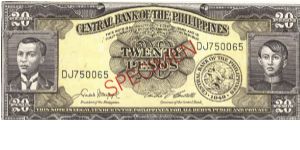 PI-137 Philippine 20 Pesos Sprcimen note #1 Banknote