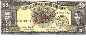 PI-137 Philippine 20 Pesos Specimen note #2. I will sell or trade this note for Philippine or Japan occupation notes I need. Banknote