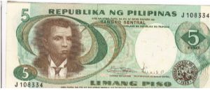 Philippine 5 Pesos note in serier, 1 of 2. Banknote