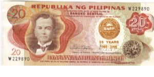 Philippine 20 Pesos note with BNSP ovrpring. Banknote