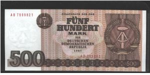 East Germany

Dark brown on multicolour underprint. Arms at right and as watermark. Government Building Staatsrat (in Berlin) at center on back.

NOT ISSUED Banknote