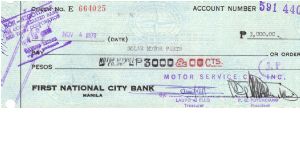 First National City Bank Check, Manila. Banknote