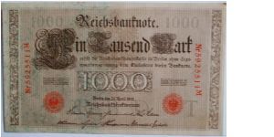 1000 mark 1910 7 digits red seal. printed after the war Banknote