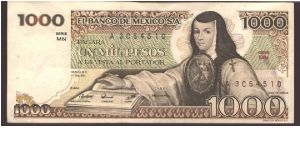 Like #70

Dark brown and brown on multicolour underprint. J. de Asbaje at right and as watermark.

Santo Domingo plaza at left center on back.

Four signatures and narrow serial # style. Banknote