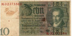 10 Reichsmark
Issuer: Reinchbankdirektorium Berlin
O: Albrecht Thaer-Founder of Scientific Agriculture with control seal
R: Medal framed by puttos w/a female portrait w/c symbilizes agriculture
Size: 150 x 75mm Banknote