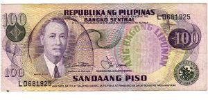 100 Pesos
O: Manuel Roxas
R: Central Bank of the Philippines Banknote