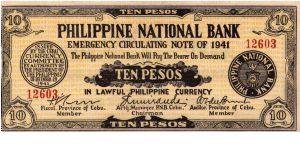 10 Pesos
Issued by the Cebu Currency Committee, Province of Cebu Philippines Banknote